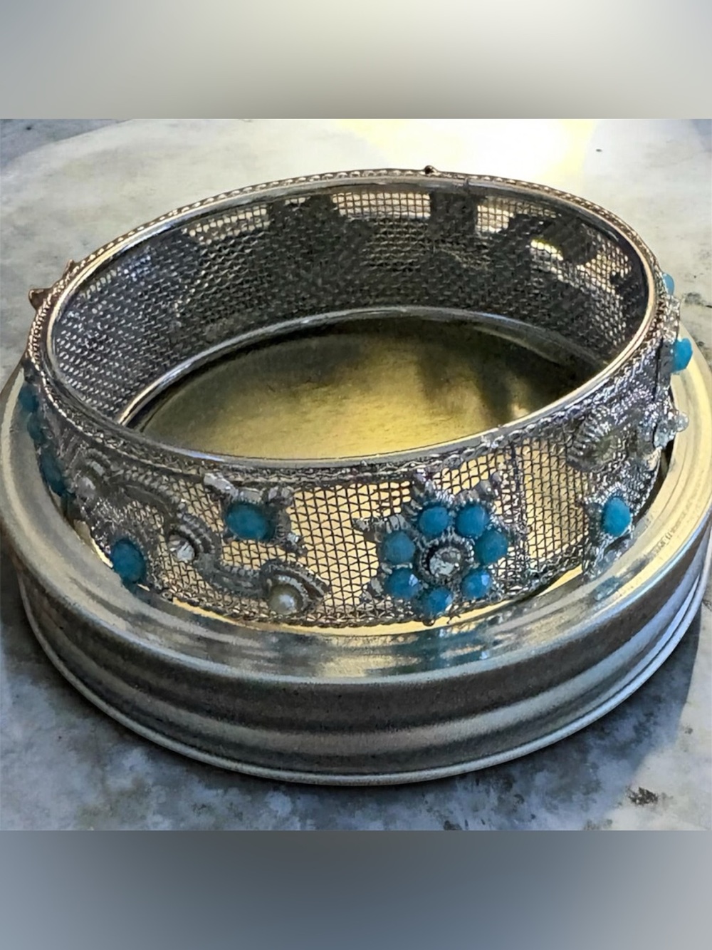 Silver Filigree Bangle Bracelet with Turquoise coloured Accents